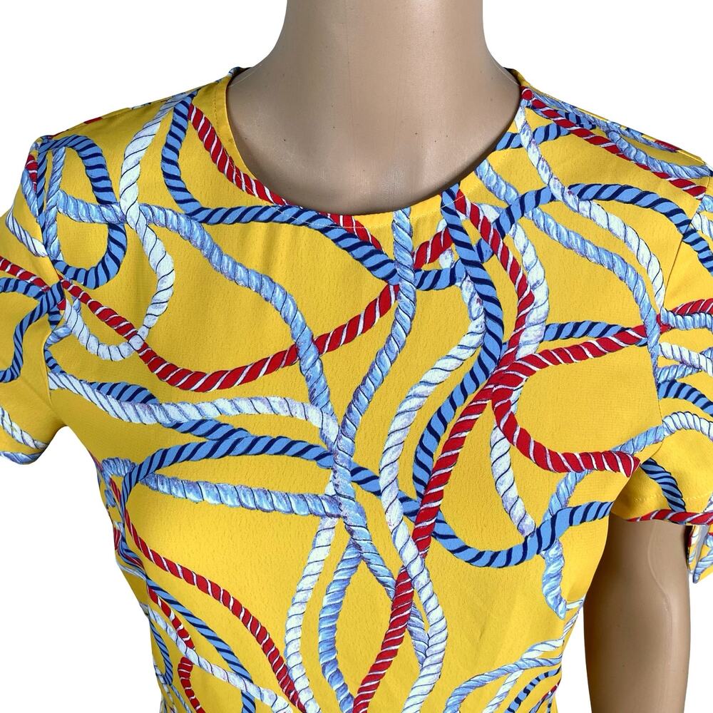 MNG Mango Colorful Rope Print Mini Dress M | Tied Short Sleeves A-Line Vtg - Picture 3 of 9